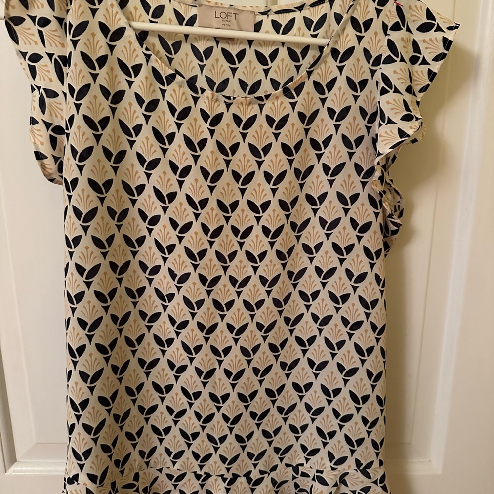 LOFT Cream Top with Black and Tan Geometric Print